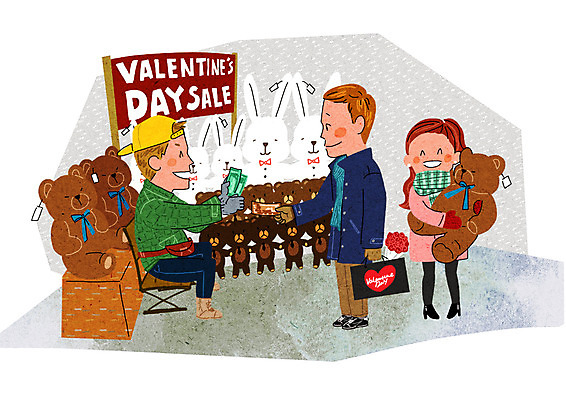 PSD 여자 남자 꽃다발 지폐 일러스트 발렌타인데이 선물 성인 세명 쇼핑 쇼핑백 세일 곰인형 즐거움 토끼인형 설레임 국내일러스트 꽃 감정 인형 돈 가방 데이이벤트 사람 토끼 파일형식