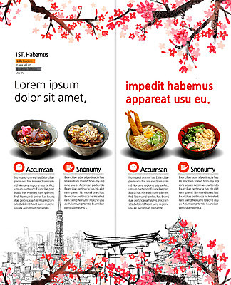 PSD 템플릿 편집 표지디자인 북디자인 출판디자인 내지 리플렛 고건축 2단접지 북커버 팜플렛 사람없음 일본 벚꽃 나뭇가지 도시 덮밥 우동 일본음식 이미지템플릿 나무 건축물 꽃 아시아 음식 면류 파일형식