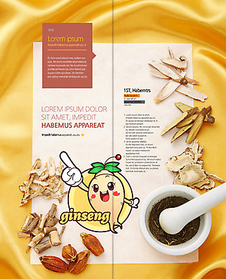 PSD 템플릿 편집 캐릭터 표지디자인 북디자인 출판디자인 내지 리플렛 2단접지 북커버 의학 팜플렛 사람없음 한의학 약재 한약재 인삼 실크 막자사발 이미지템플릿 약 직물 삼 사발 파일형식