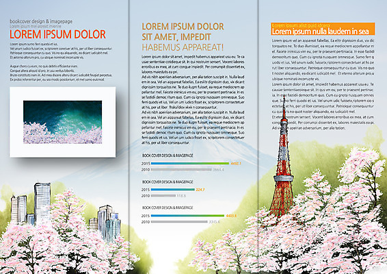 PSD 템플릿 편집 표지디자인 북디자인 출판디자인 내지 리플렛 북커버 3단접지 빌딩 팜플렛 사람없음 일본 도시 벚나무 일본여행 도쿄타워 이미지템플릿 나무 아시아 해외여행 건물 벚꽃 파일형식