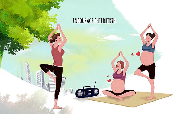 PSD 여자 일러스트 빌딩 성인 세명 임산부 임신 요가자세 매트 출산 라디오 임산부요가 출산장려캠페인 국내일러스트 캠페인 포즈 요가 사람 건물 전자제품 정책 파일형식