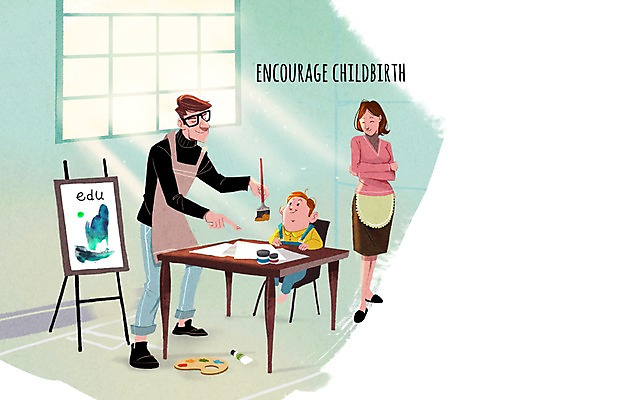 PSD 여자 교육 남자 일러스트 성인 세명 앞치마 물감 임신 아기 붓 출산 팔레트 책상 이젤 미술교육 지원 출산장려캠페인 국내일러스트 캠페인 가구 미술 사람 미술도구 정책 파일형식