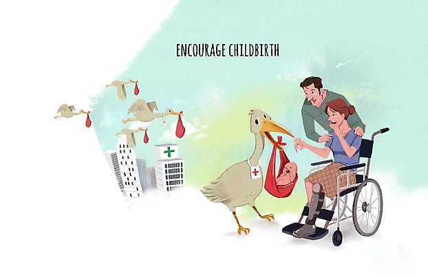 PSD 여자 남자 일러스트 병원 성인 세명 임신 학 아기 출산 장애인 휠체어 출산장려캠페인 국내일러스트 캠페인 의학 조류 사람 장애 정책 파일형식