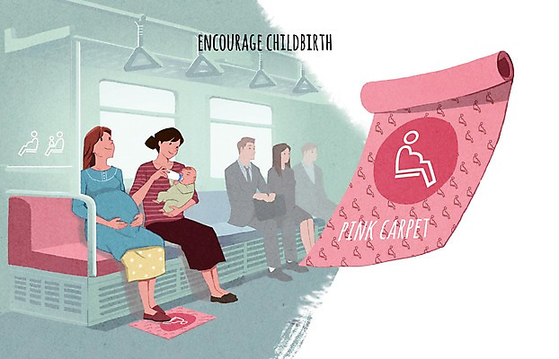 PSD 여자 남자 일러스트 여러명 성인 카펫 임산부 임신 아기 출산 전철 젖병 출산장려캠페인 국내일러스트 육상교통 캠페인 다수 대중교통 사람 아기용품 정책 파일형식