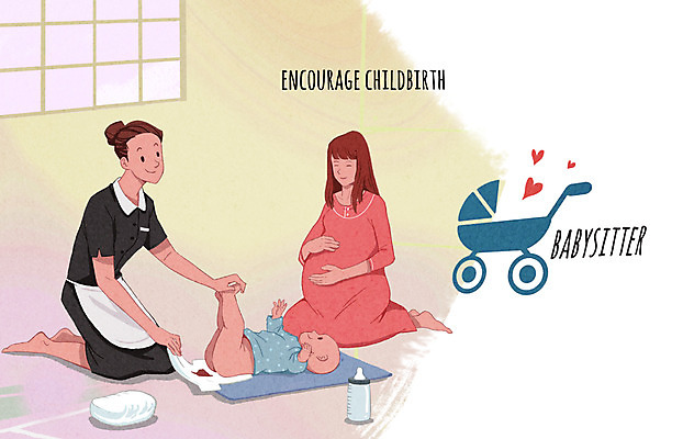 PSD 여자 일러스트 창문 성인 세명 임산부 임신 아기 출산 젖병 기저귀 유모차 보모 출산장려캠페인 아이돌봄 돌보미 국내일러스트 직업 캠페인 사람 아기용품 정책 파일형식 돌봄서비스