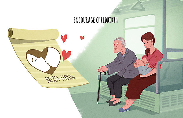 PSD 여자 할아버지 일러스트 성인 세명 임신 아기 출산 전철 모유수유 출산장려캠페인 국내일러스트 노년 남자 육상교통 캠페인 대중교통 사람 정책 파일형식