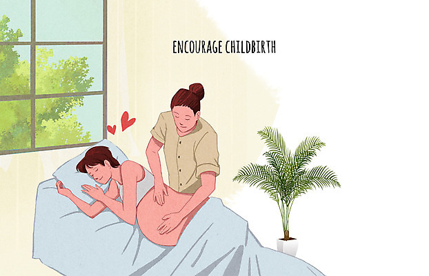 PSD 여자 화분 일러스트 창문 성인 두명 임산부 임신 마사지 출산 마사지테이블 출산장려캠페인 국내일러스트 캠페인 사람 정책 파일형식