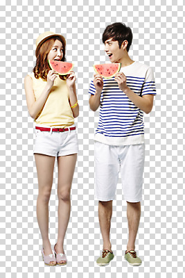 전신 편집 편집이미지 모자 여자 남자 음식 여름음식 수박 서기 웃음 들기 동양인 20대 성인 두명 앞모습 캐주얼 여름 마주보기 한국인 먹기 PNG 편집소스 제철음식 제철과일 잡화 옷 계절 뷰포인트 과일 모션 표정 사람 인종 청년 제철 파일형식 여름_계절