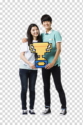 전신 편집 편집이미지 여자 남자 청소년 어깨동무 서기 웃음 들기 동양인 두명 앞모습 친구 한국인 우승 트로피 PNG 편집소스 뷰포인트 포즈 관계 모션 표정 사람 인종 최고 상_우승 파일형식