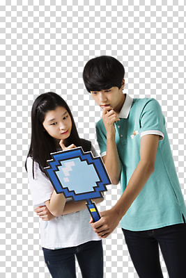 편집 편집이미지 여자 남자 청소년 돋보기 들기 동양인 상반신 두명 앞모습 친구 한국인 관찰 호기심 PNG 편집소스 감정 뷰포인트 컨셉 관계 모션 사람 인종 파일형식