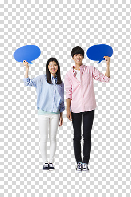 전신 편집 편집이미지 여자 남자 말풍선 청소년 서기 웃음 들기 동양인 두명 앞모습 친구 한국인 PNG 편집소스 뷰포인트 관계 모션 표정 사람 인종 파일형식