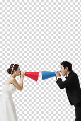 편집 편집이미지 커플 여자 남자 신부 웨딩드레스 신랑 결혼 들기 동양인 정장 턱시도 상반신 성인 두명 옆모습 30대 마주보기 확성기 외침 한국인 알림 PNG 편집소스 드레스 옷 뷰포인트 관계 모션 사람 인종 이벤트 장년 소리 파일형식