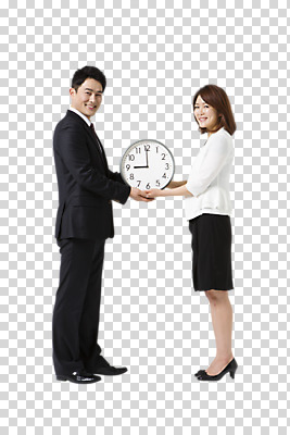 전신 편집 편집이미지 여자 남자 40대 비즈니스 서기 웃음 들기 동양인 정장 성인 두명 옆모습 한국인 시간 비즈니스맨 비즈니스우먼 벽시계 PNG 편집소스 옷 뷰포인트 시계 중년 모션 표정 사람 인종 직장인 파일형식