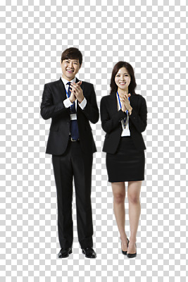 전신 편집 편집이미지 여자 남자 비즈니스 서기 웃음 동양인 정장 20대 성인 두명 앞모습 한국인 비즈니스맨 비즈니스우먼 이름표 박수 PNG 편집소스 옷 뷰포인트 모션 표정 사람 인종 손짓 청년 직장인 파일형식