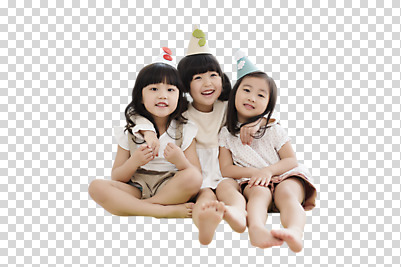 전신 편집 편집이미지 여자 어린이 어깨동무 웃음 앉기 동양인 소녀 앞모습 세명 친구 고깔모자 한국인 PNG 여자만 어린이만 편집소스 모자_잡화 뷰포인트 포즈 관계 모션 표정 사람 인종 파일형식