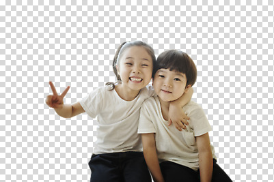 편집 편집이미지 여자 남자 어린이 어깨동무 웃음 동양인 소녀 소년 상반신 두명 앞모습 친구 우정 한국인 브이 PNG 어린이만 편집소스 뷰포인트 포즈 관계 표정 사람 인종 손짓 파일형식