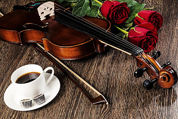 포토 JPG 해외이미지 커피 사람없음 장미 우아함 커피잔 바이올린 나무바닥 바이올린활 차받침대 해외202004 해외포토 꽃 음료 컨셉 현악기 잔 바닥 받침대 파일형식 이미지허브