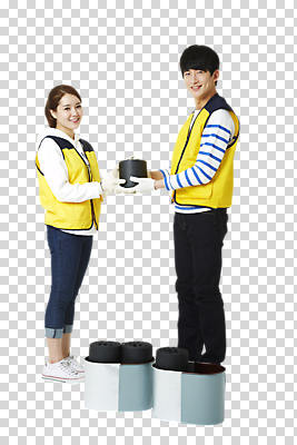 전신 편집 편집이미지 여자 남자 대학생 서기 웃음 들기 동양인 20대 성인 두명 옆모습 한국인 봉사 자원봉사자 연탄 PNG 연탄배달 자원봉사조끼 편집소스 학생 뷰포인트 모션 표정 사람 인종 청년 조끼 도움 배송 파일형식