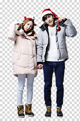전신 편집 편집이미지 모자 커플 여자 남자 크리스마스 겨울 산타모자 서기 웃음 들기 동양인 이벤트 20대 성인 두명 앞모습 장식볼 한국인 머리띠 PNG 편집소스 모자_잡화 잡화 계절 기념일 뷰포인트 장신구 관계 모션 표정 사람 인종 청년 장식 파일형식