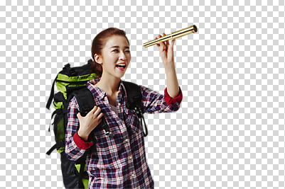 편집 편집이미지 응시 여자 여행 배낭 한명 웃음 들기 동양인 상반신 20대 성인 앞모습 망원경 한국인 관찰 배낭여행 PNG 여자만 편집소스 1 시선 뷰포인트 가방 모션 표정 사람 인종 청년 파일형식
