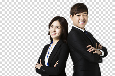 편집 편집이미지 여자 남자 비즈니스 웃음 동양인 정장 상반신 20대 성인 두명 옆모습 팔짱 한국인 비즈니스맨 비즈니스우먼 PNG 편집소스 옷 뷰포인트 모션 표정 사람 인종 청년 직장인 파일형식