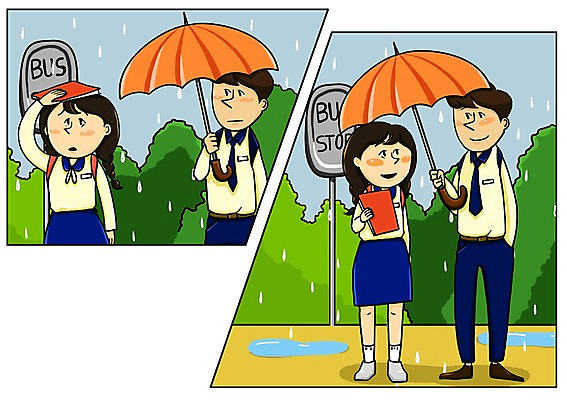 주간 PSD 학생 커플 여자 남자 행복 교복 일러스트 우산 청소년 함께함 사랑 여러명 야외 책 다정 비 버스정류장 만화 설레임 아트툰 국내일러스트 자연요소 옷 감정 다수 컨셉 관계 날씨 사람 역 그림 파일형식