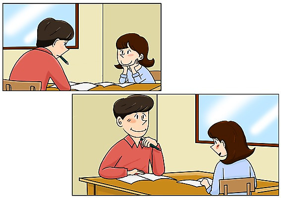 PSD 커플 여자 남자 행복 일러스트 창문 실내 여러명 성인 책 펜 턱괴기 만화 책상 설레임 아트툰 국내일러스트 감정 가구 다수 관계 모션 사람 내부 필기구 그림 파일형식