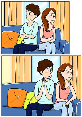 PSD 커플 여자 남자 쿠션 일러스트 실내 여러명 성인 소파 커튼 만화 싸움 갈등 용서 삐침 아트툰 국내일러스트 감정 다수 컨셉 의자 관계 모션 사람 내부 그림 파일형식