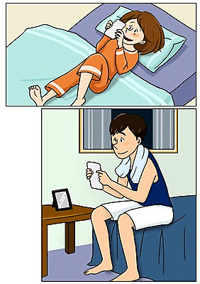 PSD 커플 여자 남자 행복 액자 일러스트 창문 베개 실내 성인 두명 스마트폰 수건 이불 침대 메시지 만화 설레임 소통 아트툰 국내일러스트 감정 가구 컨셉 관계 침구 사람 내부 핸드폰 스마트기기 위생용품 그림 파일형식