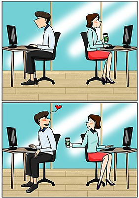 PSD 커플 여자 남자 행복 커피 의자 일러스트 창문 함께함 사랑 여러명 성인 사무실 모니터 다정 만화 책상 설레임 아트툰 국내일러스트 감정 음료 가구 다수 컨셉 비즈니스 관계 사람 컴퓨터 그림 파일형식