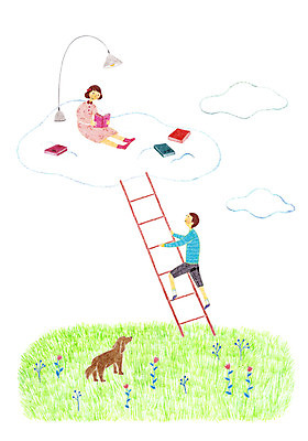 PSD 동물 구름 여자 남자 꽃 어린이 일러스트 사다리 조명 두명 책 독서 강아지 국내일러스트 자연요소 식물 사람 반려동물 도구 개 파일형식