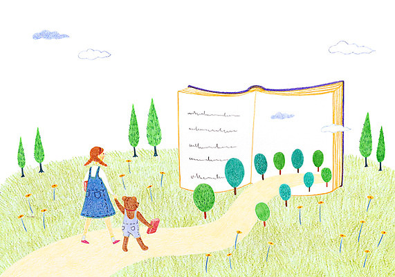 PSD 나무 동물 구름 여자 꽃 어린이 일러스트 곰 한명 책 독서 산책 국내일러스트 자연요소 식물 1 포유류 휴식 사람 파일형식