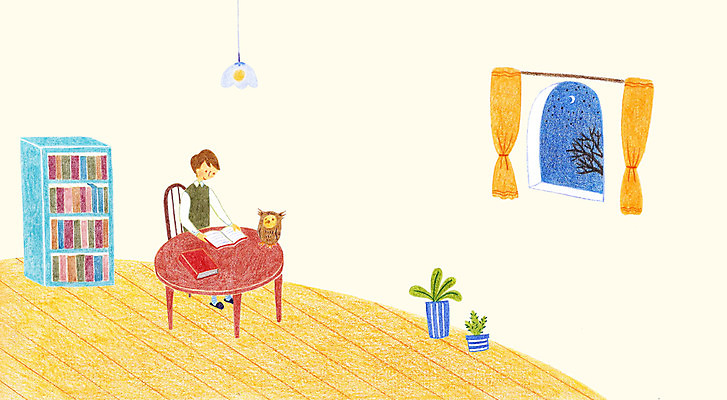 PSD 동물 남자 화분 어린이 일러스트 창문 탁자 조명 책장 실내 한명 책 독서 방 나뭇가지 커튼 야간 부엉이 국내일러스트 자연요소 나무 1 가구 조류 사람 내부 파일형식