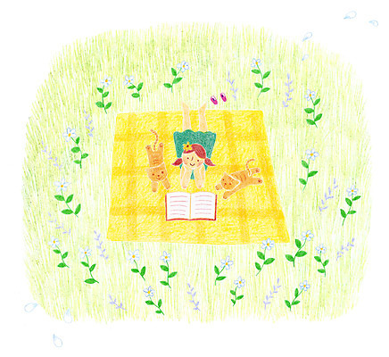 PSD 동물 여자 꽃 어린이 엎드리기 두마리 일러스트 한명 책 독서 고양이 풀잎 돗자리 국내일러스트 식물 1 잎 2 포유류 모션 사람 반려동물 풀_식물 파일형식