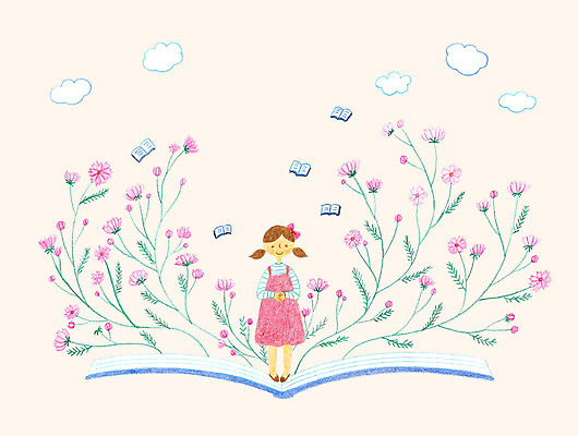 PSD 구름 여자 꽃 어린이 일러스트 한명 책 독서 국내일러스트 자연요소 식물 1 사람 파일형식