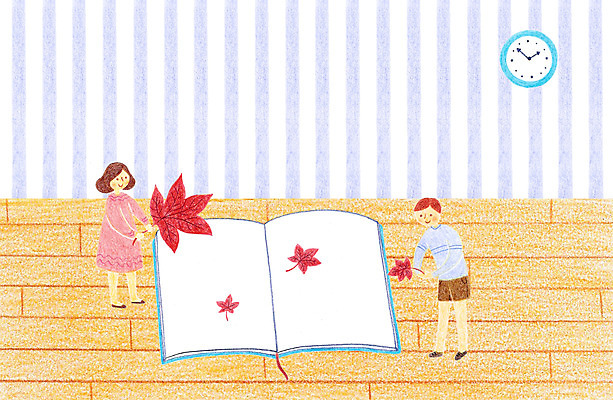 PSD 여자 남자 어린이 시계 단풍 일러스트 실내 두명 책 독서 방 국내일러스트 잎 사람 내부 파일형식