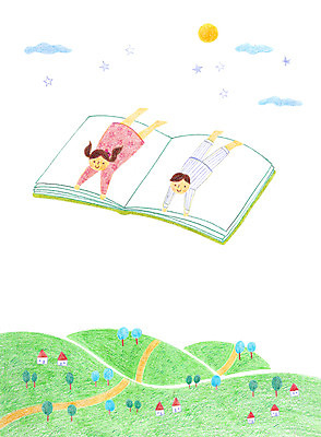 PSD 나무 구름 여자 남자 별 길 어린이 일러스트 주택 야외 두명 책 독서 마을 달 국내일러스트 자연요소 식물 사람 건물 파일형식