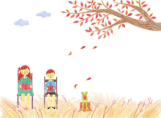 PSD 구름 여자 남자 어린이 낙엽 의자 일러스트 개구리 두명 책 독서 가을 갈대숲 국내일러스트 자연요소 계절 가구 잎 양서류 사람 숲 파일형식 갈대_식물