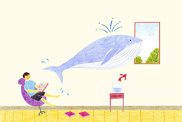 PSD 동물 남자 어린이 의자 일러스트 창문 탁자 실내 한명 책 독서 방 어항 고래 금붕어 국내일러스트 1 가구 포유류 어류 사람 내부 수중동물 파일형식