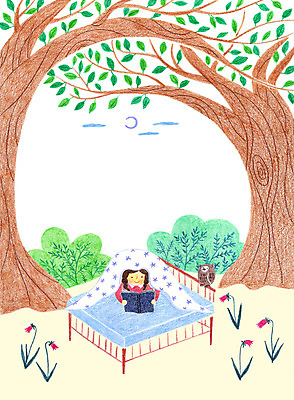 PSD 나무 동물 여자 꽃 어린이 일러스트 한명 책 독서 이불 침대 부엉이 국내일러스트 식물 1 가구 침구 조류 사람 파일형식