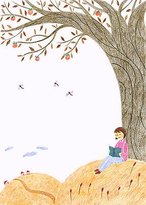 PSD 나무 구름 여자 어린이 일러스트 주택 한명 책 독서 가을 잠자리 감나무 국내일러스트 자연요소 식물 1 계절 곤충 감 사람 건물 파일형식