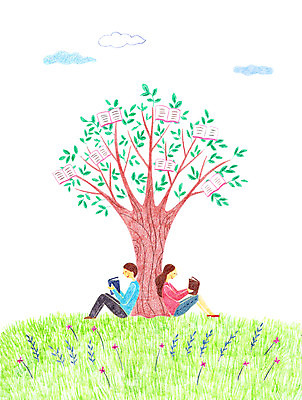 주간 PSD 나무 구름 여자 남자 꽃 일러스트 성인 야외 두명 책 독서 풀잎 국내일러스트 자연요소 식물 잎 사람 풀_식물 파일형식