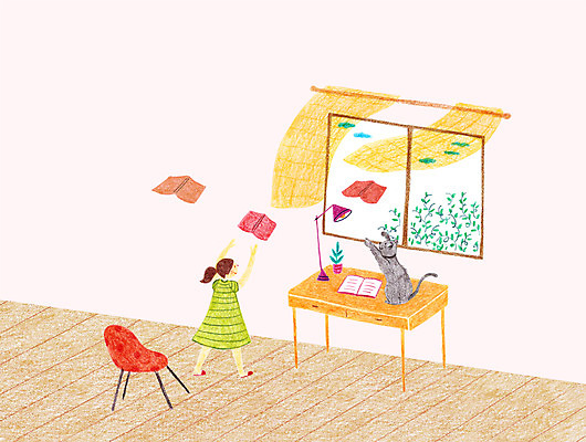 PSD 동물 여자 화분 어린이 의자 일러스트 창문 한명 책 독서 고양이 스탠드 커튼 책상 국내일러스트 1 가구 포유류 조명 사람 반려동물 파일형식