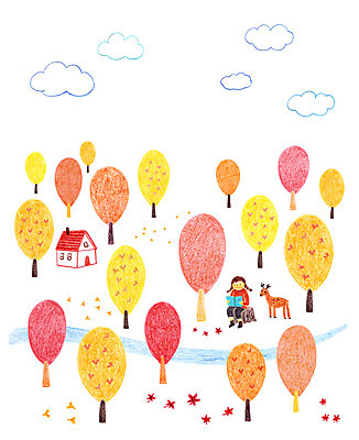 PSD 나무 동물 구름 여자 어린이 단풍 일러스트 사슴 주택 한명 책 독서 개울 국내일러스트 자연요소 식물 1 잎 포유류 사람 건물 강 파일형식