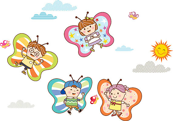 구름 여자 남자 어린이 나비 일러스트 여러명 태양 유치원 활발 유치원생 순수 호기심 천진난만 국내일러스트 AI파일 자연요소 교육 감정 다수 곤충 컨셉 사람 파일형식 벡터