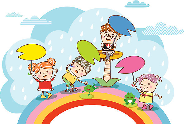구름 여자 남자 어린이 무지개 일러스트 개구리 여러명 유치원 활발 유치원생 비 순수 연잎 호기심 천진난만 국내일러스트 AI파일 자연요소 교육 감정 다수 컨셉 잎 날씨 양서류 사람 파일형식 벡터