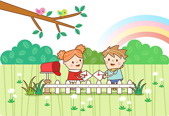 나무 여자 남자 꽃 어린이 무지개 일러스트 편지봉투 두명 울타리 유치원 활발 유치원생 우체통 풀잎 순수 호기심 천진난만 국내일러스트 AI파일 자연요소 식물 교육 감정 컨셉 잎 봉투 사람 담장 풀_식물 편지 파일형식 벡터