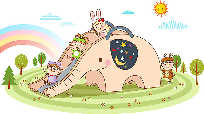 나무 구름 여자 남자 어린이 무지개 일러스트 여러명 태양 유치원 활발 유치원생 미끄럼틀 순수 호기심 동물탈 천진난만 국내일러스트 AI파일 자연요소 식물 교육 감정 다수 컨셉 사람 놀이기구 탈 파일형식 벡터