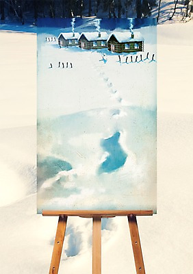 주간 PSD 편집이미지 백그라운드 겨울 눈사람 초원 사람없음 야외 눈 연기 오두막 발자국 이젤 이미지편집 자연요소 계절 자국 날씨 미술도구 파일형식