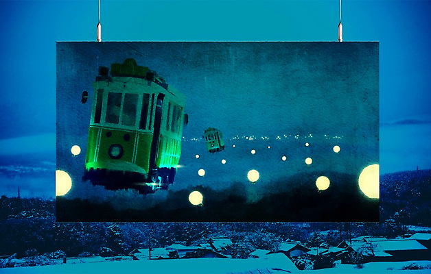 PSD 편집이미지 백그라운드 겨울 조명 사람없음 야외 마을 기차 눈 야간 액자레일 이미지편집 자연요소 계절 육상교통 액자 날씨 대중교통 파일형식